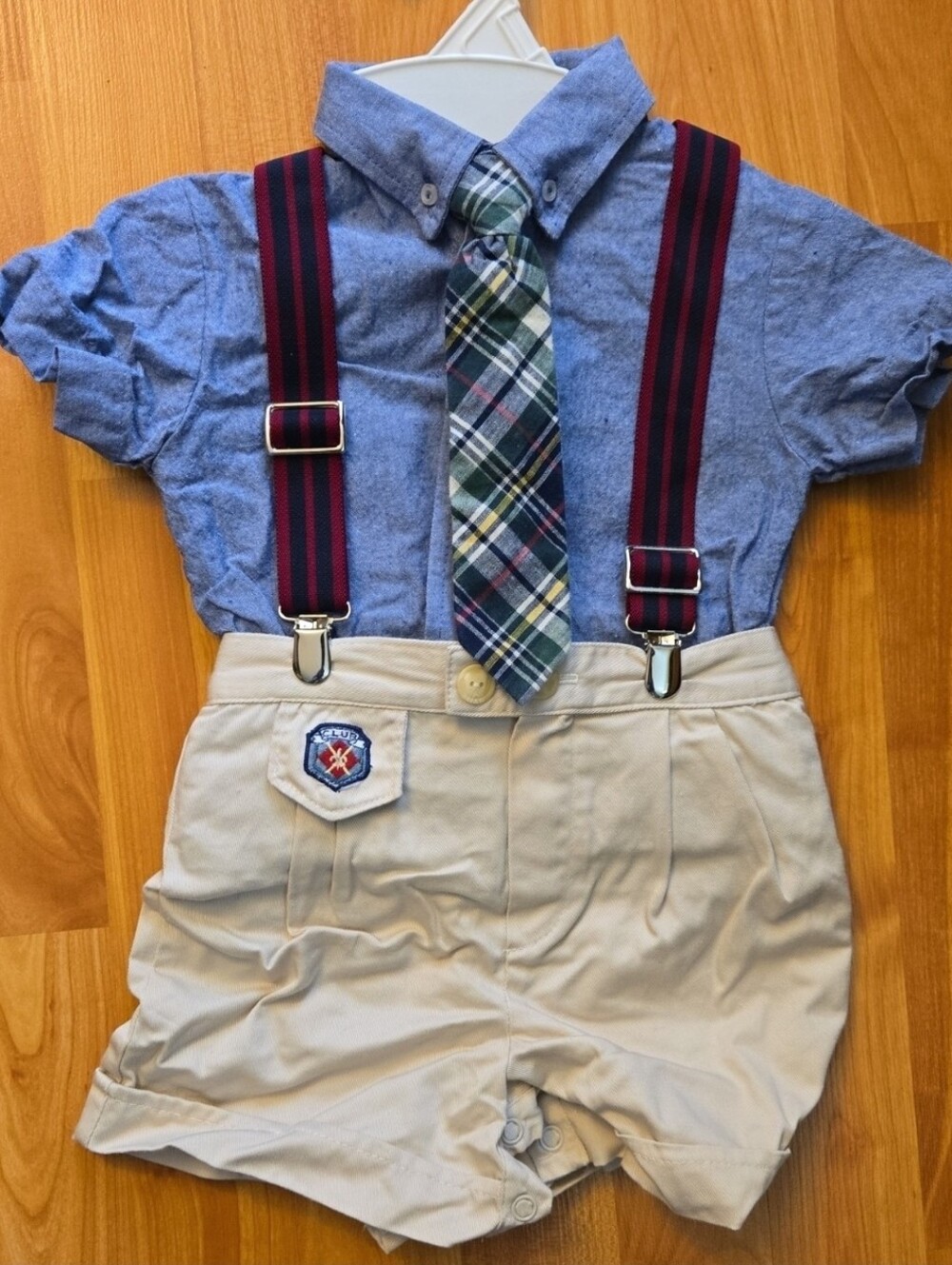 Vintage 4pc Baby Boy 12 months Blue Shirt Plaid Tie Khaki Shorts Suspenders Set